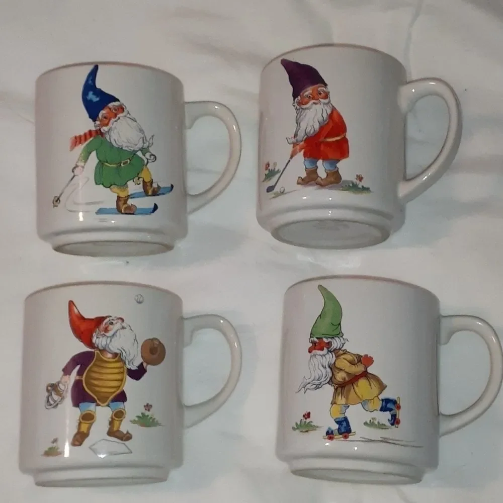Vintage Set of 4 Sporting Elves‎ Gnomes Mugs Cups